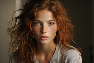 Naklejka premium Portrait of a beautiful young redhead woman with freckles.