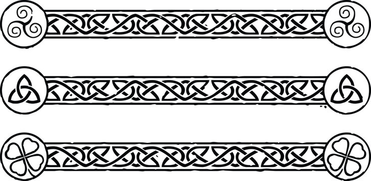 Celtic pattern borders with spirals, triquetras and 4 leaf clovers