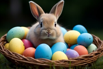 Fototapeta na wymiar Bunny holds colorful eggs for Easter. Generative AI