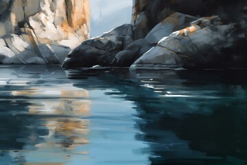 Abstract landscape featuring calm water, cliffs, and rocks. Generative AI