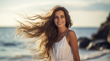 Naklejka premium Young woman in a flowing white dress stands on a sandy beach, her long brown hair flowing in the breeze. She gazes at the crashing waves, surrounded by the serene beauty of the coastal landscape