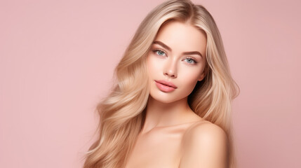 Beautiful blonde girl with perfect skin, cosmetics beauty skin care salon advertisement baner	
