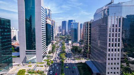 Aerial view of Avenida Brigadeiro Faria Lima, Itaim Bibi. Iconic commercial buildings in the background. With mirrored glass