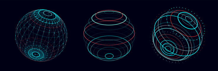 Set of geometric blue spheres with connecting dots and lines. Abstract color shapes with noise effect on white background. Vector illustration.