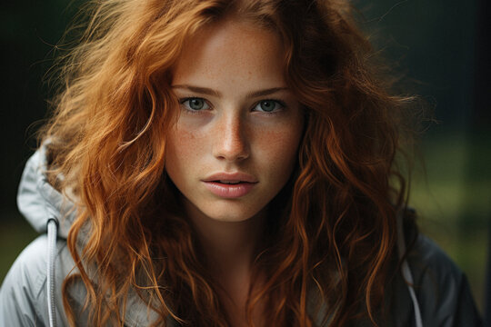 Portrait of freckled redhead teeen girl with freckles.