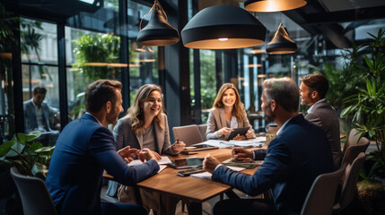 A diverse group of business colleagues engaged in a lively discussion during a team meeting in a modern conference room