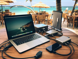 A Photo Of A Digital Nomad’s Workspace With Multiple Devices And International Adapters