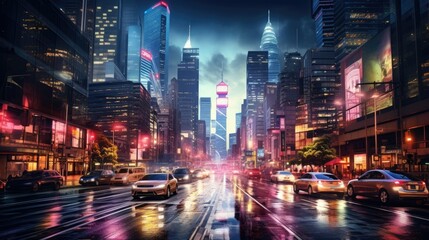Vibrant cityscape at night with illuminated skyscrapers, bustling streets, and trails of colorful lights from cars. A sharp-focus, hyper-realistic urban scene capturing the modern busy nightlife