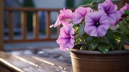 A Velvet Petunia in a pot on a wooden balcony, with raindrops resting on its velvety petals,...