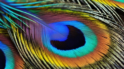 Obraz premium Close-up shot of a stunning peacock feather showcasing vibrant hues, intricate details, and iridescent blue and green colors