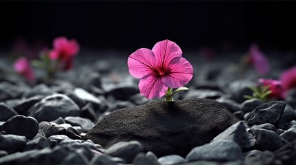 A Velvet Petunia in a Zen garden, isolated against a bed of fine black pebbles, creating a...