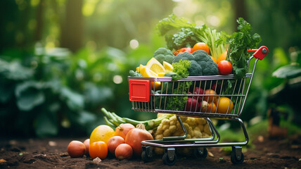 ripe fruits and vegetables in a cart in the forest - obrazy, fototapety, plakaty