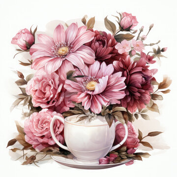 Teapot with flower bouquet and teacup Watercolor Sublimation illustration, Generative Ai