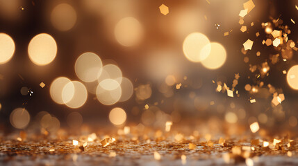 Fototapeta na wymiar Abstract Christmas card background with falling golden confetti on a shimmering bokeh-effect backdrop, creating a festive and celebratory atmosphere for holiday-themed designs and decoration