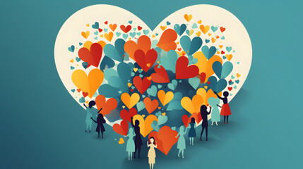 Charity illustration concept with abstract, diverse persons, hands and hearts. Community compassion, love, and support towards those in need