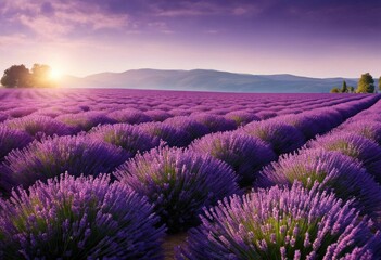 An AI illustration of the sun shines on lavender fields and hills in the distance