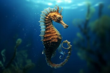 Fototapeta na wymiar A seahorse swimming undersea. Generative AI