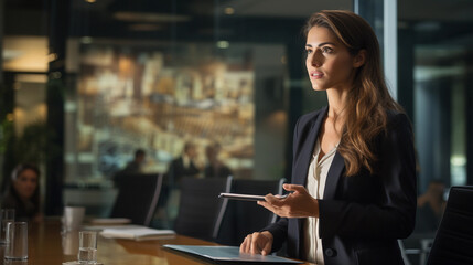 Fototapeta premium A confident businesswoman giving a compelling presentation in a well-lit boardroom, using a digital projector