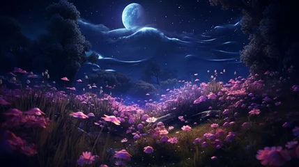 Foto auf Acrylglas A Velvet Verbena garden at night, with the flowers illuminated by soft, ethereal moonlight. © Anmol