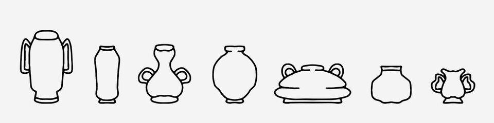 Ceramic dishes are arranged in a row. Comparison of the volume in the education of children. Demonstration of the volume difference. Pottery is an original craft. Contoured ceramic products  