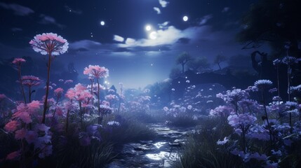 A Velvet Verbena garden at night, with the flowers illuminated by soft, ethereal moonlight.