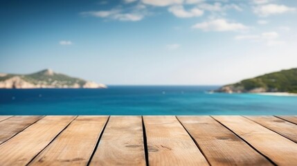 Fototapeta premium Wooden table on the background of the sea island and