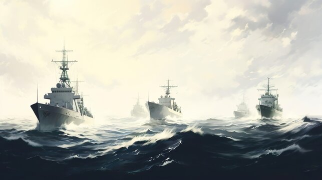 three military ships in the sea