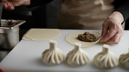 Women's hands make manti, khinkali, dumplings from dough with meat filling. Homemade food. Close-up of a chef preparing dough with minced meat. Hands form tortellini.