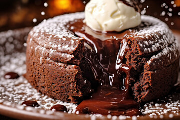 chocolate cake with chocolate sauce and vanilla ice cream, petit gateau photography