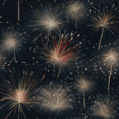 Seamless pattern with Fireworks display on dark sky background. 4th July fireworks.