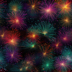 Fototapeta premium Seamless pattern with Fireworks display on dark sky background. 4th July fireworks.