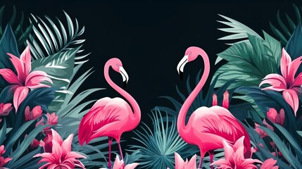 Naklejka premium Tropical flowers plants leaves and flamingos Vector