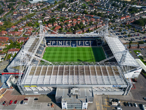 Preston, Lancashire, UK, September 04, 2023; aerial view of the Deepdale Stadium, home to Preston North End PNE football club, Preston, Lancashire, England.