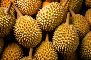 Group of fresh durians at durian market.