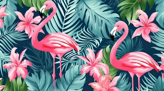 Tropical flowers plants leaves and flamingos Vector