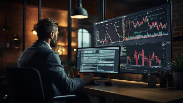 A Focused Financial Analyst Working With Charts And Graphs On A Large Computer Screen In A Corporate Office