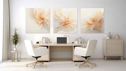 contemporary home office, 2 blank white canvases, 3D wall, neutral colors, daylight