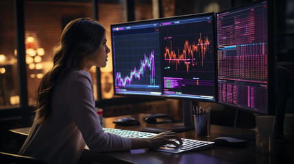 A focused financial analyst working with charts and graphs on a large computer screen in a corporate office - obrazy, fototapety, plakaty