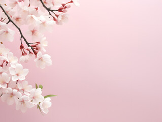 Fototapeta na wymiar Delicate pink cherry blossoms isolated on a gentle pink background with ample space for text. Top view. Flat lay. Close up. Decorative banner