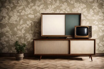 A meticulous capture of a Canvas Frame for a mockup in an old styled TV lounge, showcasing faded wallpapers and a mid-century television console, exuding retro charm