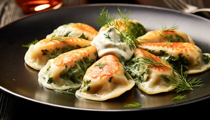 Spinach Pierogi served in an upscale vegetarian restaurant. Commercial photography