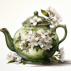 Teapot with flower bouquet and teacup Watercolor Sublimation illustration, Generative Ai