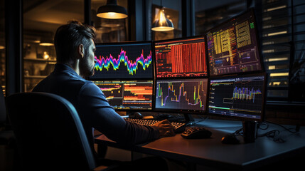 A focused financial analyst working with charts and graphs on a large computer screen in a corporate office