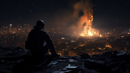 Fototapeta na wymiar Paysage dystopique, ville détruite et militaire devant face au chaos