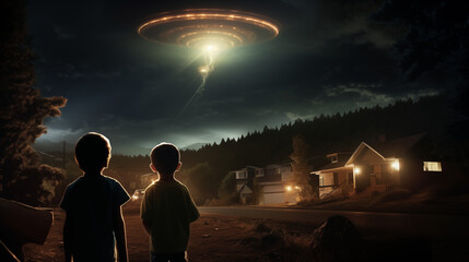 Rencontre céleste : Deux enfants captivés par l'arrivée des extraterrestres dans une soucoupe volante sous la lueur de la lune