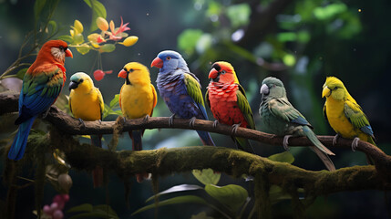 Des perroquets sur une branche de toutes les couleurs - obrazy, fototapety, plakaty