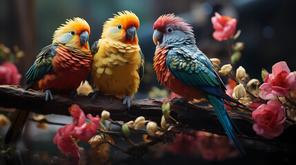 Trois perroquets sur une branche - obrazy, fototapety, plakaty