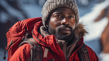 Un homme en montagne qui fait de la randonnée, manteau rouge