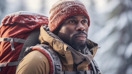 Un homme en montagne qui fait de la randonnée, bonnet et sac rouge - obrazy, fototapety, plakaty
