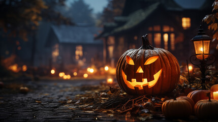 Obraz premium Décorations extérieurs d'Halloween dans la rue. Citrouille allumé